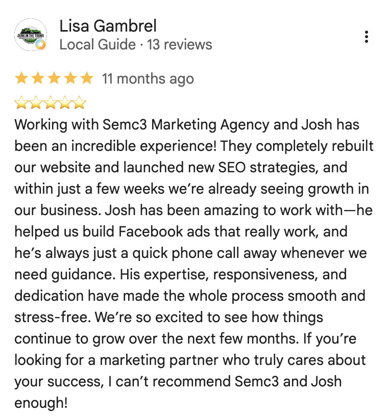 Lisa Gambrel's 5 star Google review for Semc3 Marketing Agency
